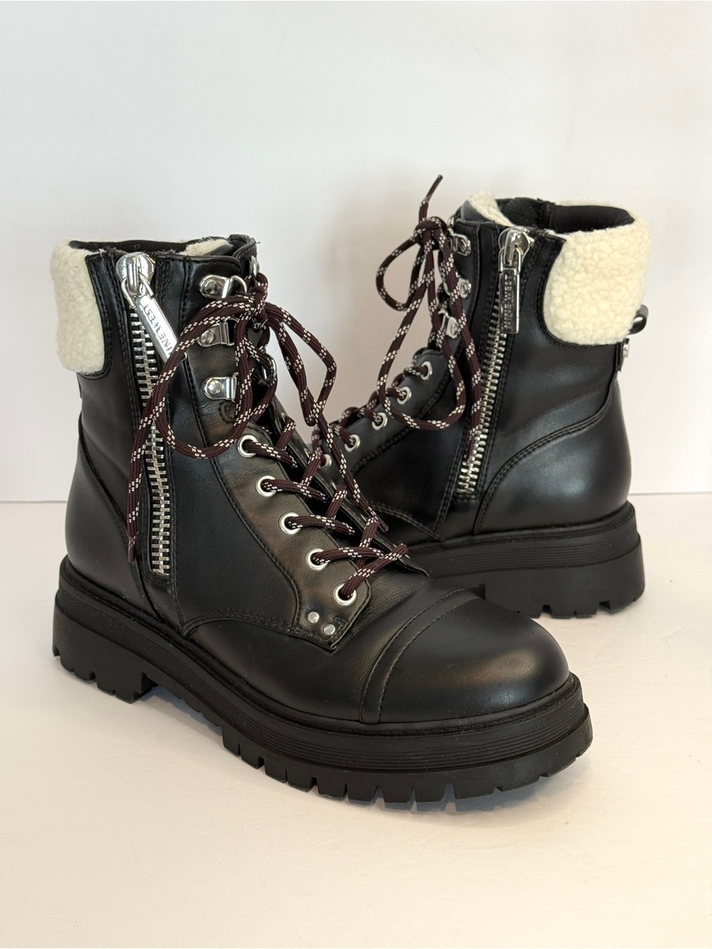 Nine West Black Combat Boots Shearling-Trim Collar Size 7.5